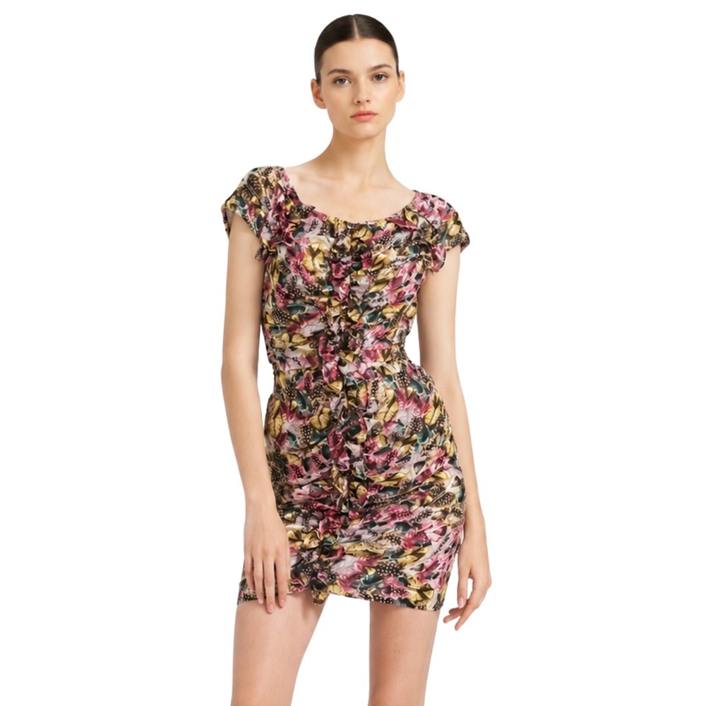 Anthropologie Leifsdottir Dress Size 10 Silk Feather Fiesta Ruched Mini Boho